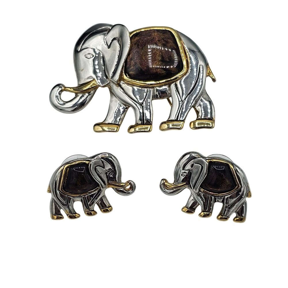Elephant Brooch Earring Set Gold SilverTone Jewelry Unique Animal Design Vintage